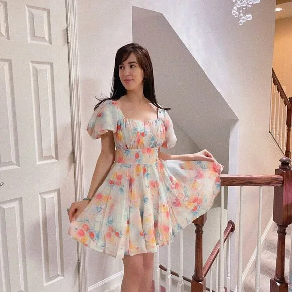 Floral Mini Dress with puff sleeves Spring - Picture 5 of 5